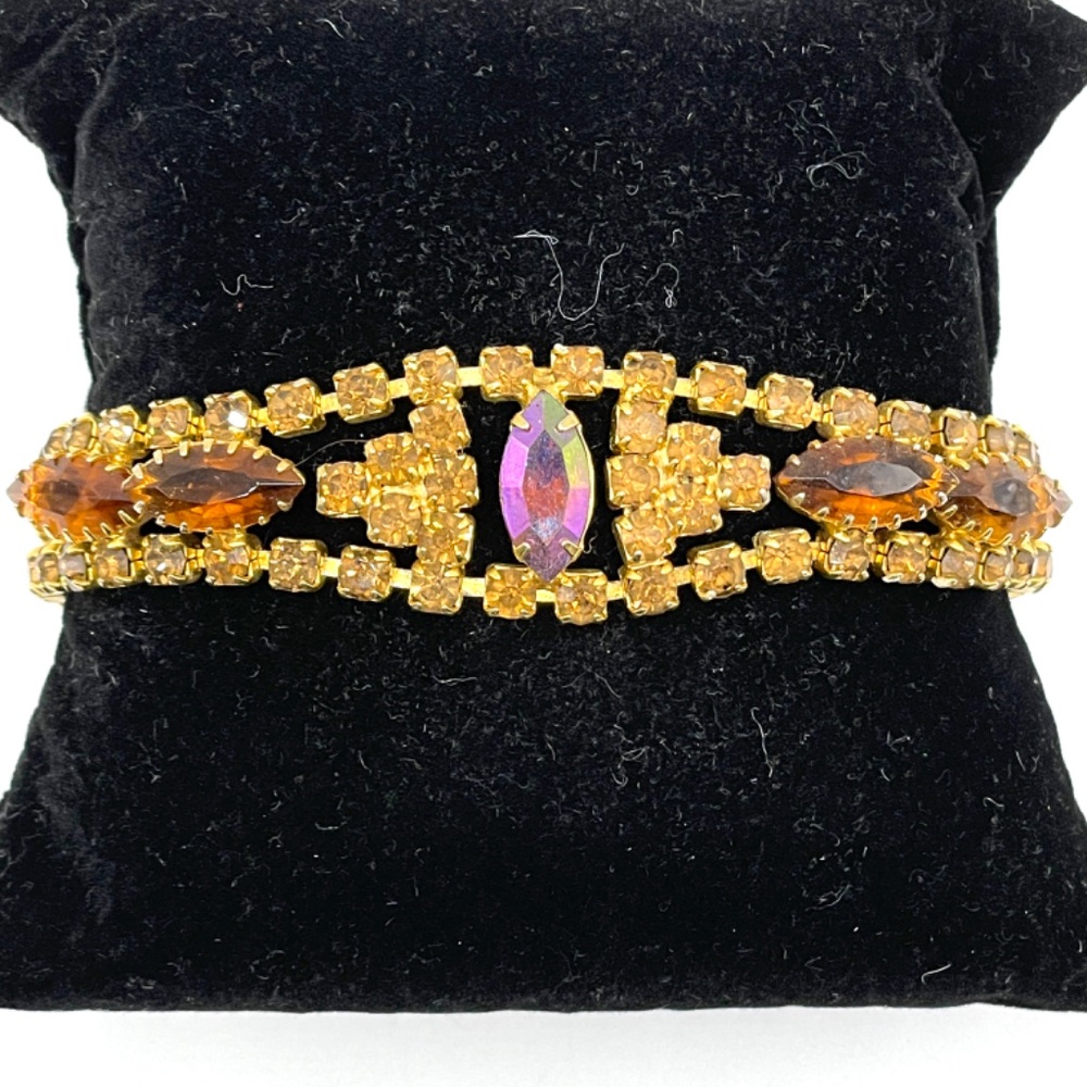 Vintage Unsigned Gold Tone Amber Citrine Color Rhinestone AB Bracelet
